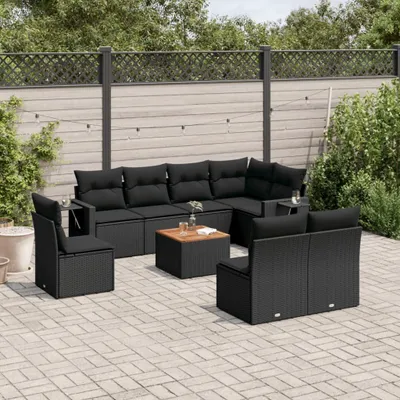 Produktbild von Design 9-tlg. Garten-Sofagarnitur mit Kissen Schwarz Poly Rattan, Gartensofas 2024 Neu
