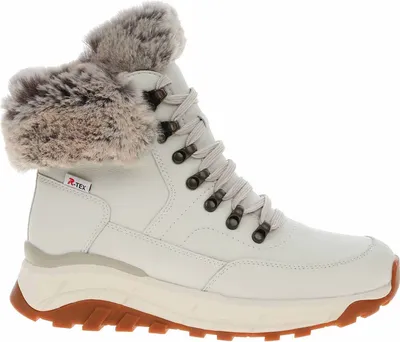 A white winter boot with gray fur trim and a brown sole, shown from the side against a white background.