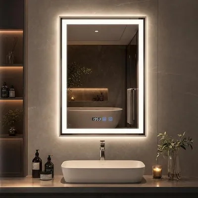 Zdjęcie produktu dla Lustro do łazienki z oświetleniem, 80x60 cm, lustro LED do łazienki, przyciski dotykowe, zegar, lustro ścienne z funkcją zapobiegającą parowaniu, 3 barwy światła, możliwość regulacji jasności, lustro do łazienki z oświetleniem, funkcja pamięci, łazienka, kolor srebrny