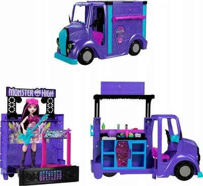 A collage of three images showing a Monster High toy playset, including a purple van, a stage with a doll, and the open van interior.