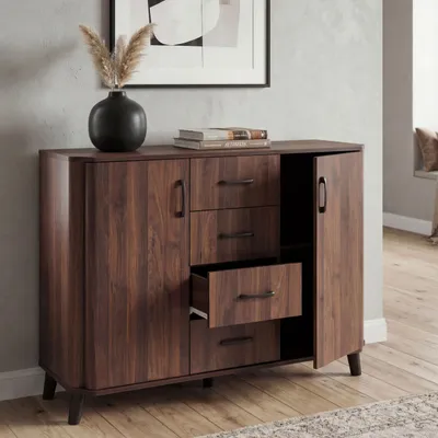 Obrázek produktu pro Komoda HWC-P42, příborník, 4 zásuvky, 2 dvířka, MDF 92 x 120 x 40 cm  vzhled ořechu