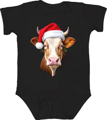 Produktbild von Weihnachtskuh Nikolausmütze Bauernhof Geschenk niedlich lustig Unisex Baby Body, Schwarz, 0/3