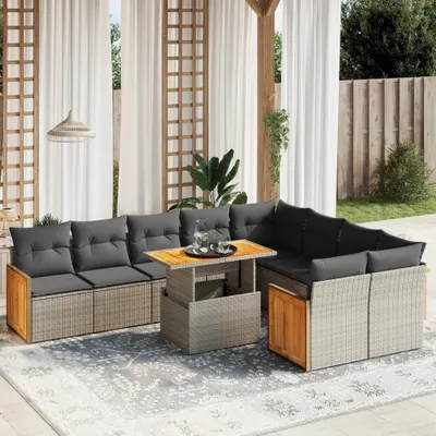 Produktbild von Design 10-tlg. Garten-Sofagarnitur mit Kissen Grau Poly Rattan, Gartenmöbel-Sets 2024 Neu