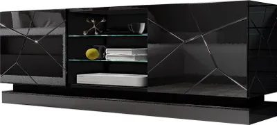 Produktbild von MIRJAN24 TV-Lowboard Qiu 160, Stilvoll TV-Schrank, Design, MDF-Platte (Schwarz / Schwarz Hochglanz, ohne Beleuchtung)