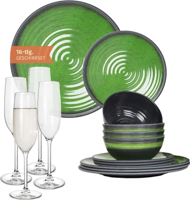 Produktbild von Melamin Camping Geschirr Set 4 Personen Stone Green + 4 Tiamo Champgner Gläser Flûtes Tafelgeschirr Picknick BBQ Kochgeschirr