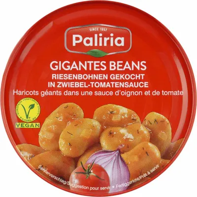 Produktbild von Paliria Riesenbohnen 280g | in würziger Zwiebel-Tomatensauce gekocht | griechische Spezialität, fertig zum Verzehr | ideal als Beilage oder Vorspeise