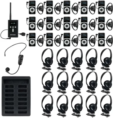 Imagen del producto de Sistema de guías turísticas inalámbrico: 1 transmisor, 15 receptores, alcance de 160 metros, fabricado en plástico ABS