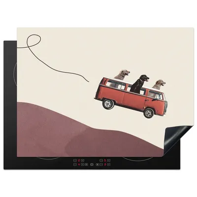 Produktbild von KitchenYeah© Herdabdeckplatte Hund - Retro - Bus , 71x52cm, Küche Deko, Glaskeramikkochfeld Herdabdeckung, Abdeckplatte fùr Kochfeld