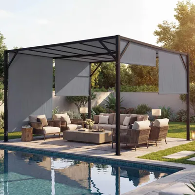 Produktbild von Pergola Baia, Garten Pavillon Terrassenüberdachung, stabiles 6cm-Stahl-Gestell + Schiebedach grau  4x3m