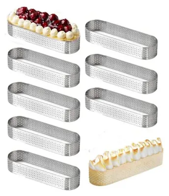 Image de Moules à tartelettes en mousse, forme ovale, perforés, en acier inoxydable, lot de 8, diamètre 9,4 cm