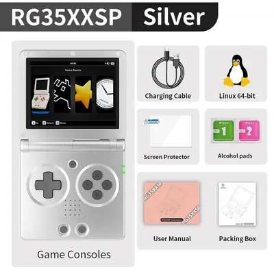 Immagine prodotto di Console portatile retro RG35XXSP - Sistema operativo Linux - Display IPS da 8,9 cm - Wi-Fi/Bluetooth - Uscita HDMI per TV - 64 GB di memoria con 5000 giochi - Argento