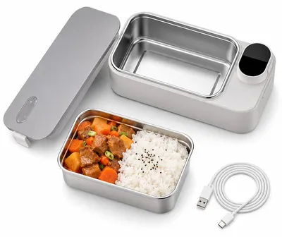 Produktbild von Akku Lunchbox elektrisch, mobile Heizbox für warme Mahlzeiten, 900 ml, 304 Edelstahl, 7200 mAh, auslaufsicher, Grau