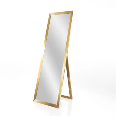 Obrázek produktu pro Zrcadlo na stojan STYLER, 46x146 cm, zlatá barva, lesklé, obdélníkové, rám z MDF, celotělové zrcadlo, vhodné do předsíně nebo ložnice, moderní, dekorativní