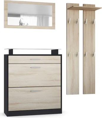 Produktbild von Vladon Garderobe Loret mini, Garderobenset bestehend aus 1 Schuhschrank, 1 Wandspiegel und 2 Garderobenpaneele, Schwarz matt/Eiche Sägegrau