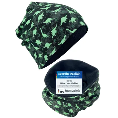 Produktbild von HECKBO Kinder Jungen Beanie Mütze & Loop-Schal Set - Dinosaurier Dino - Wendemütze oder Wintermütze mit Fleece Vlies - 2-6 Jahren - 95% Baumwolle - weiches & pflegeleichtes Stretch-Material