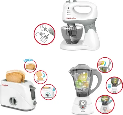 Produktbild von Küchengeräte-Set: Obstmixer (11x14x23cm) mit abnehmbarem Behälter, Toaster, Schneebesen mit 3 Ersatz-Schneebesen