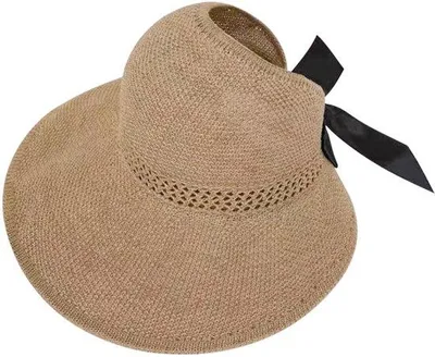 Immagine prodotto di Cappello da sole Unyqoos® in paglia, con parte superiore aperta, traspirante, tesa larga 12 cm, fascia in tessuto tecnico, chiusura regolabile con velcro e cordoncino, pieghevole, per donna