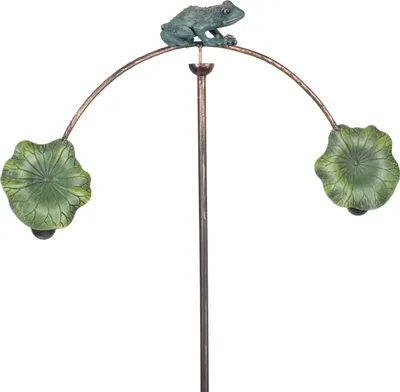 Produktbild von Gartenstecker Frosch auf Ast mit Blättern aus Metall - 128 cm hoch - Gartendeko mit Balancegewicht - wetterfeste Gartenskulptur für Garten Beet oder Blumentopf