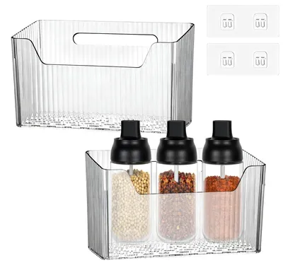 Image de Lot de 2 boîtes de rangement pour portes de placards de cuisine, boîtes murales autocollantes, rangements de cuisine, rangements transparents pour portes de placards de cuisine et de salle de bains – peu encombrants