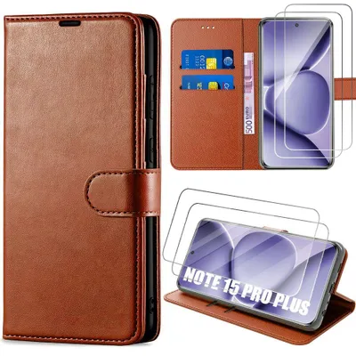 Image de Coque + 2 Verres Trempés pour Xiaomi Redmi Note 15 Pro Plus 5G, Anti-Rayures Effet Cuir Marron