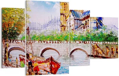 Produktbild von Bild auf Leinwand - Leinwandbild - Boot Fluss Brücke Zeichnung - 120x70cm - Wand Bild - Wanddeko - Leinwanddruck - Bilder - Kunstdruck - Wanddekoration - Leinwand bilder - Wandkunst - DL120x70-2886