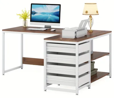 Image de Bureau en L - Bureau d'angle - Bureau informatique - Bureau de travail - Bureau d'étude - avec 4 tiroirs spacieux
