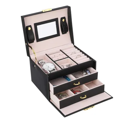 Obrázek produktu pro JY19245-013 VrstvyPolyuretankožené šperkovnice Display Box Holder Organizer se zrcadlem (černá)