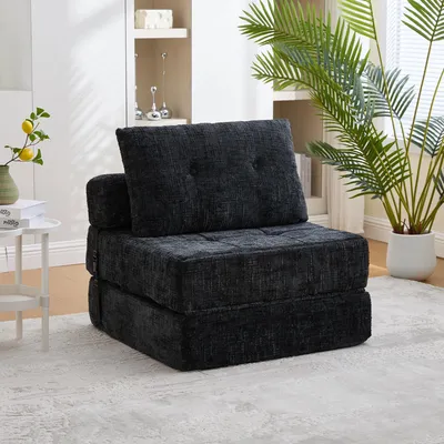 Produktbild von Klappbares Schlafsofa mit Kopf- & Lumbalkissen – Faltbare Matratze, hochdichter Schaum, schwarzer Chenille, platzsparend