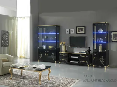 Produktbild von Wohnwand Wohnzimmer Set Vitrine Lowboard Wandregal 3tlg Set Schwarze Wohnwände