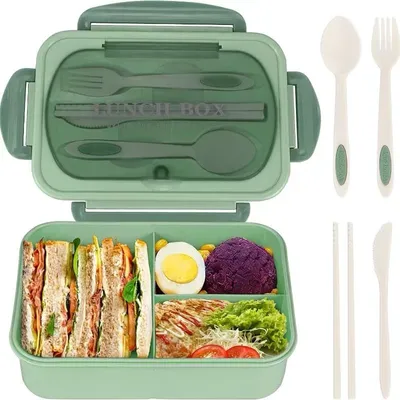 Zdjęcie produktu dla Pojemnik na lunch Bento 1000 ml, szczelny, bez BPA, 3 przegródki, do biura i szkoły, w zestawie sztućce, można myć w zmywarce i używać w kuchence mikrofalowej, zielony