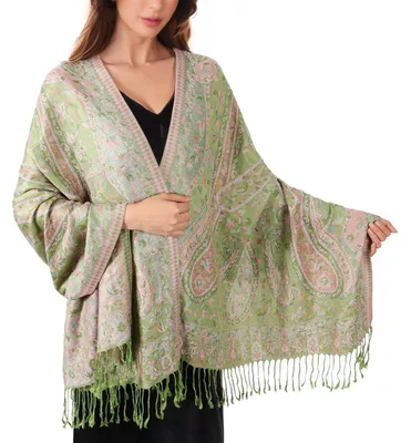 Image de Écharpe Pashmina pour femmes, vert clair, motif paisley, 200x68 cm, polyester