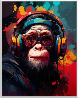 Produktbild von Wallario Wandbild Chimp - Musik, Größe: 40,30 x 50,30 cm, Poster mit weißem Aluminiumrahmen