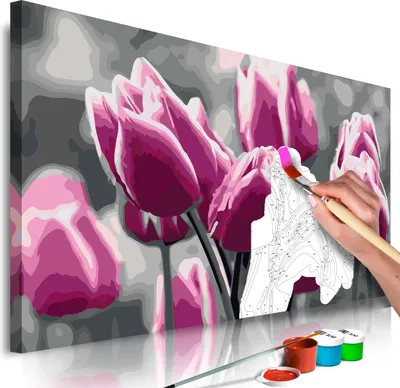 Image de Peinture par numéros Fleurs Tulipes 50x40 cm Kit de peinture avec cadre en bois sur toile pour adultes Enfants Peinture Kit DIY peint à la main