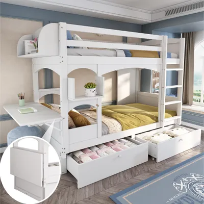 Produktbild von Sweiko Kinder-Etagenbett, Doppelbett, multifunktionales Kinderbett, mit klappbarem Schreibtisch und Regal, mit Leiter und 2 Schubladen, ohne Matratze, Lattenroste aus Massivholz, weiß, 90x200