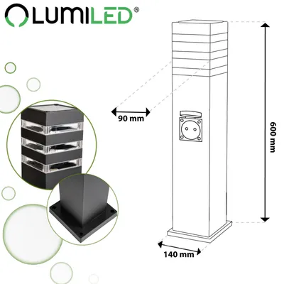Produktbild von LUMILED Wegeleuchte Außen Pollerleuchte Außenstehleuchte Stehlampe mit Steckdose Gartenleuchte Wegelampe Stromsäule 60cm IP44 E27 Fassung max 13W