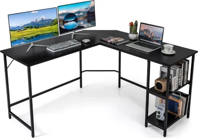 Immagine prodotto di COSTWAY Scrivania a L, scrivania angolare con 2 ripiani, scrivania angolare con ripiano estraibile, scrivania per computer da gioco, scrivania per ufficio in casa, nero