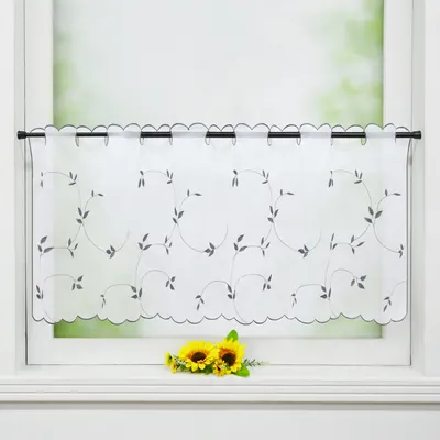 Produktbild von Joyswahl Scheibengardinen Voile Bistrogardine mit Blattstickerei Transparent Bestickte Küche Kurzstores Weiß Dunkelgrau HxB 60x140 cm