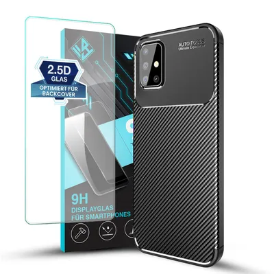 Produktbild von Handy Hülle für Samsung Galaxy A51 mit 9H Displayglas Displayschutz Carbon Look Cover Case Schutzhülle Farbe: Schwarz