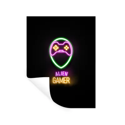 Produktbild von MuchoWow® Wandtattoo Wandsticker Wandaufkleber Gaming - Zitate - Neon - Alien-Gamer - Controller 60x80 cm Selbstklebend und Repositionierbar - Repositionierbar - Wasser abweisend