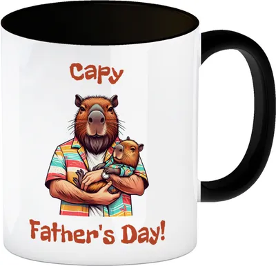 Produktbild von Capybara-Papa mit Kind Kaffeebecher in schwarz mit Spruch Capy Father's Day