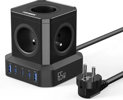 Obrázek produktu pro Zásuvková rozbočovačka s 5 zásuvkami, včetně USB-C s výkonem 65 W, s dětskou pojistkou, typ E, délka kabelu 2 metry