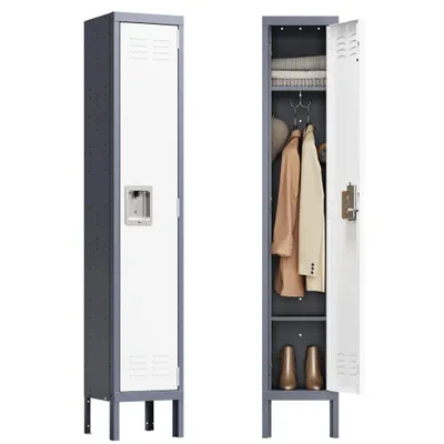 Produktbild von Yizosh Spind, Schließfachschrank, Metallschrank mit 1 Tür und Metallschloss, 30.5 x 30.5 x 167 cm, Belüftungsöffnungen, weiß-anthrazit