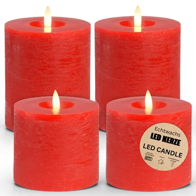 Produktbild von LED Stumpenkerzen 4er Wachs, Flackernde Flamme, Ø 10 cm, Rot