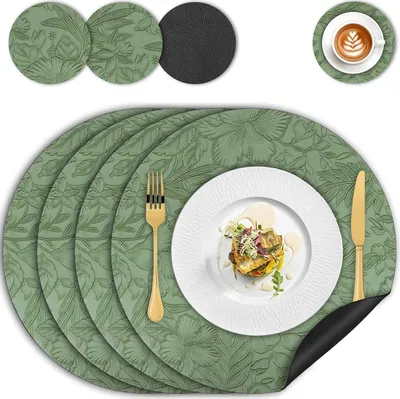 Obrázek produktu pro Podložky pod talíře a podtácky – omyvatelné – 4 ks – zeleno-černé – umělá kůže – 34 cm