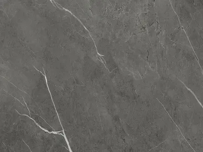 A close-up of a gray stone-look vinyl floor tile with white veining.