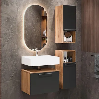 Produktbild von Astra Badezimmer Unterschrank Waschbeckenunterschrank 60 cm mit 2X Midischrank Gold Eiche Anthrazit