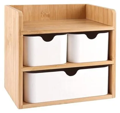 Zdjęcie produktu dla Organizer na biurko drewniany z bambusa 3 szuflady pojemnik