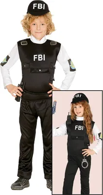 A child wearing an FBI costume, with a smaller inset image of another child in the same costume.