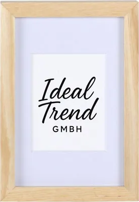 A wooden picture frame with a white mat and a printed logo inside.