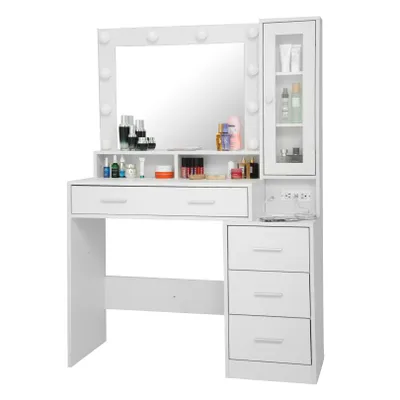 Produktbild von Schminktisch Nachttisch mit Steckdosen, 101x40x143 cm, Frisiertisch mit Spiegel und 5 Schubladen und 1 Schrank, einstellbare Helligkeit, Weiß